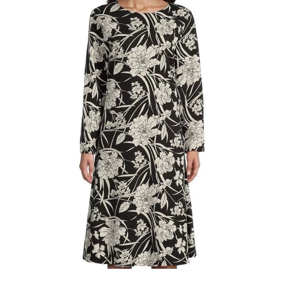 Bryn Walker Rya Midi Dress Black White Floral Ponti Long Sleeve - Size L - NWT